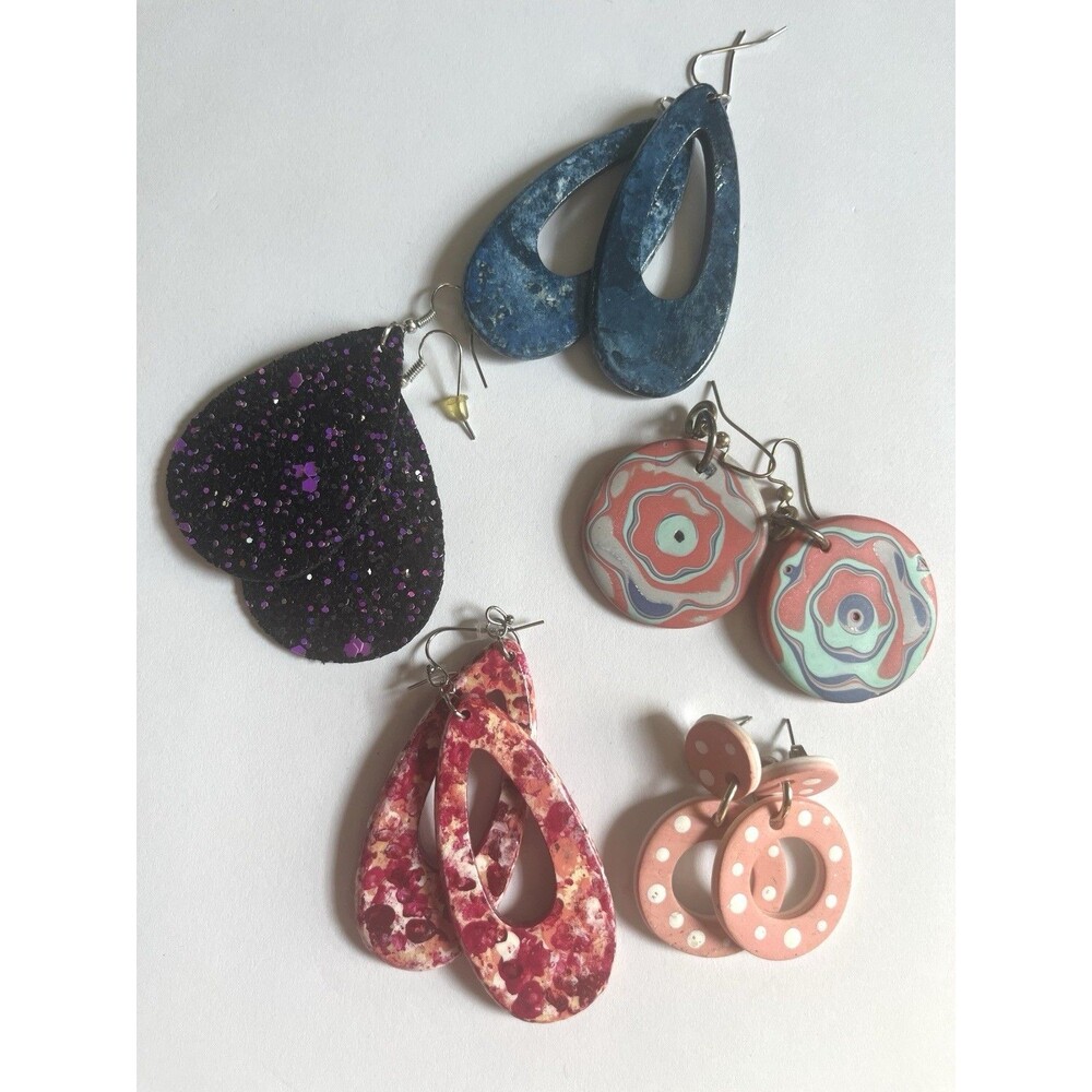 Lot 5 Pairs Colorful Statement Earrings Hoops Boho Clay Glitter Dangle Retro 80s